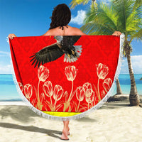 Kyrgyzstan Eagle and Tulip Beach Blanket with Red Ethnic Pattern with National Sun Emblem - Wonder Print Shop