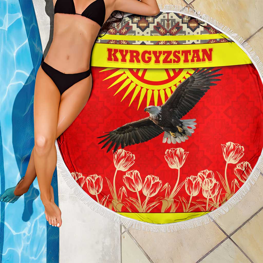 Kyrgyzstan Eagle and Tulip Beach Blanket with Red Ethnic Pattern with National Sun Emblem - Wonder Print Shop