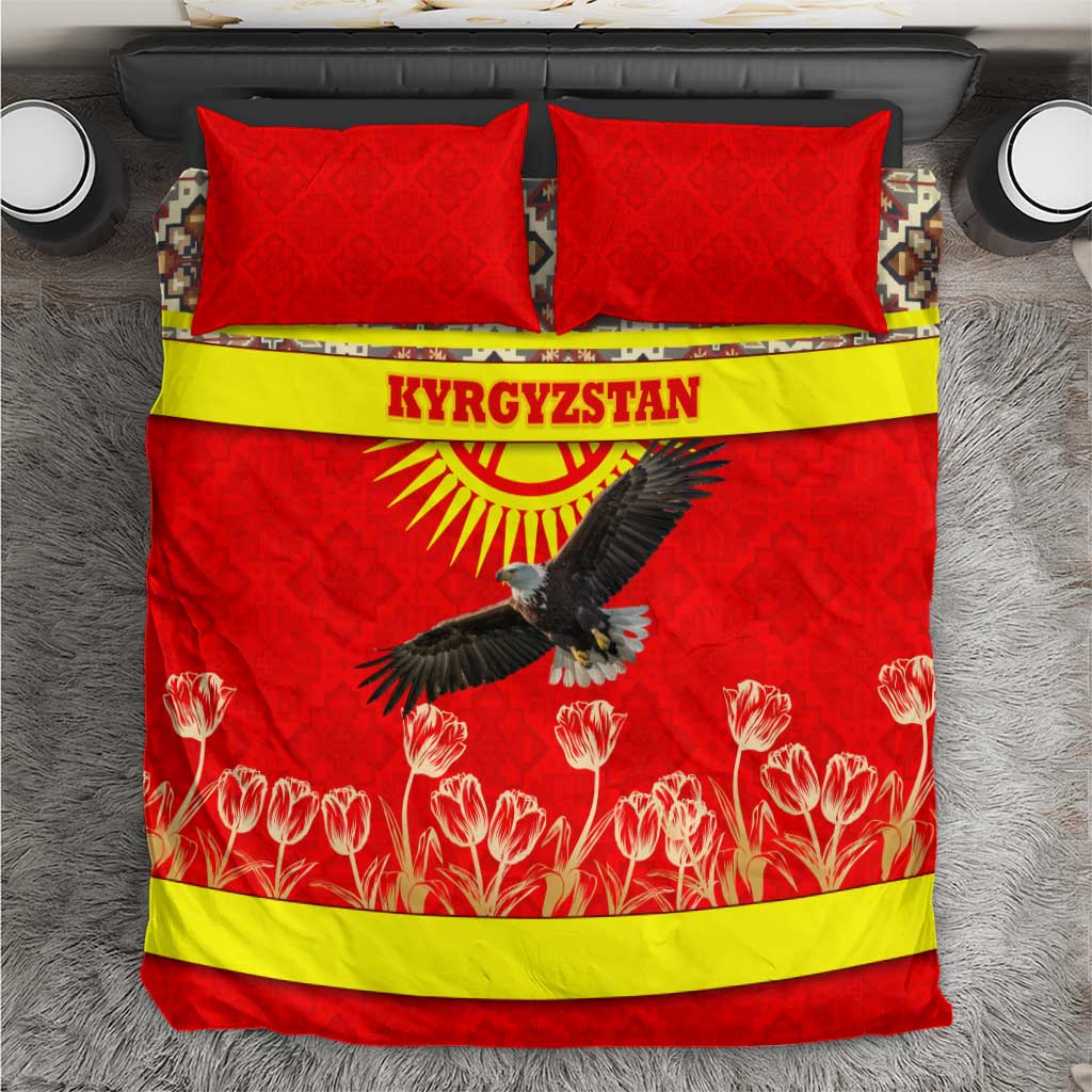 Kyrgyzstan Eagle and Tulip Bedding Set with Red Ethnic Pattern with National Sun Emblem - Wonder Print Shop