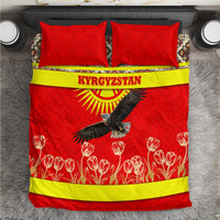 Kyrgyzstan Eagle and Tulip Bedding Set with Red Ethnic Pattern with National Sun Emblem - Wonder Print Shop