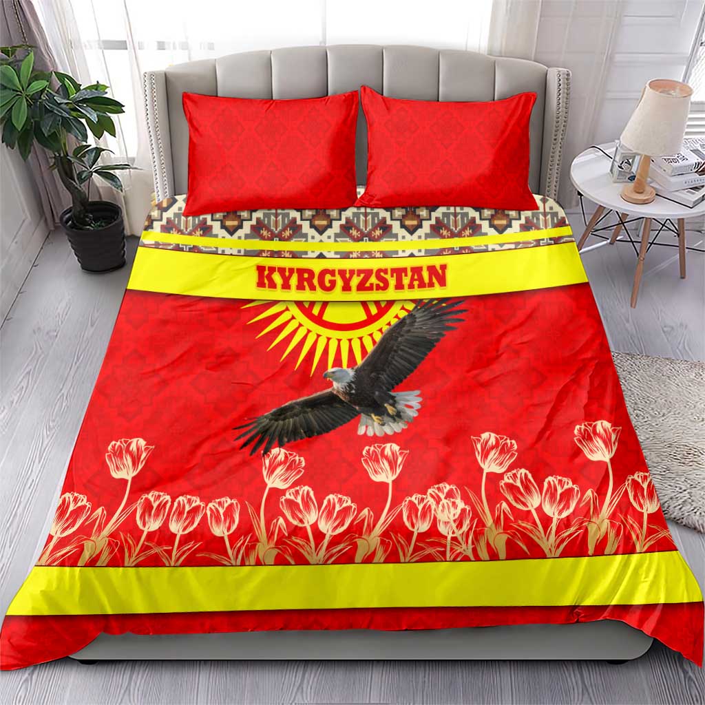 Kyrgyzstan Eagle and Tulip Bedding Set with Red Ethnic Pattern with National Sun Emblem - Wonder Print Shop