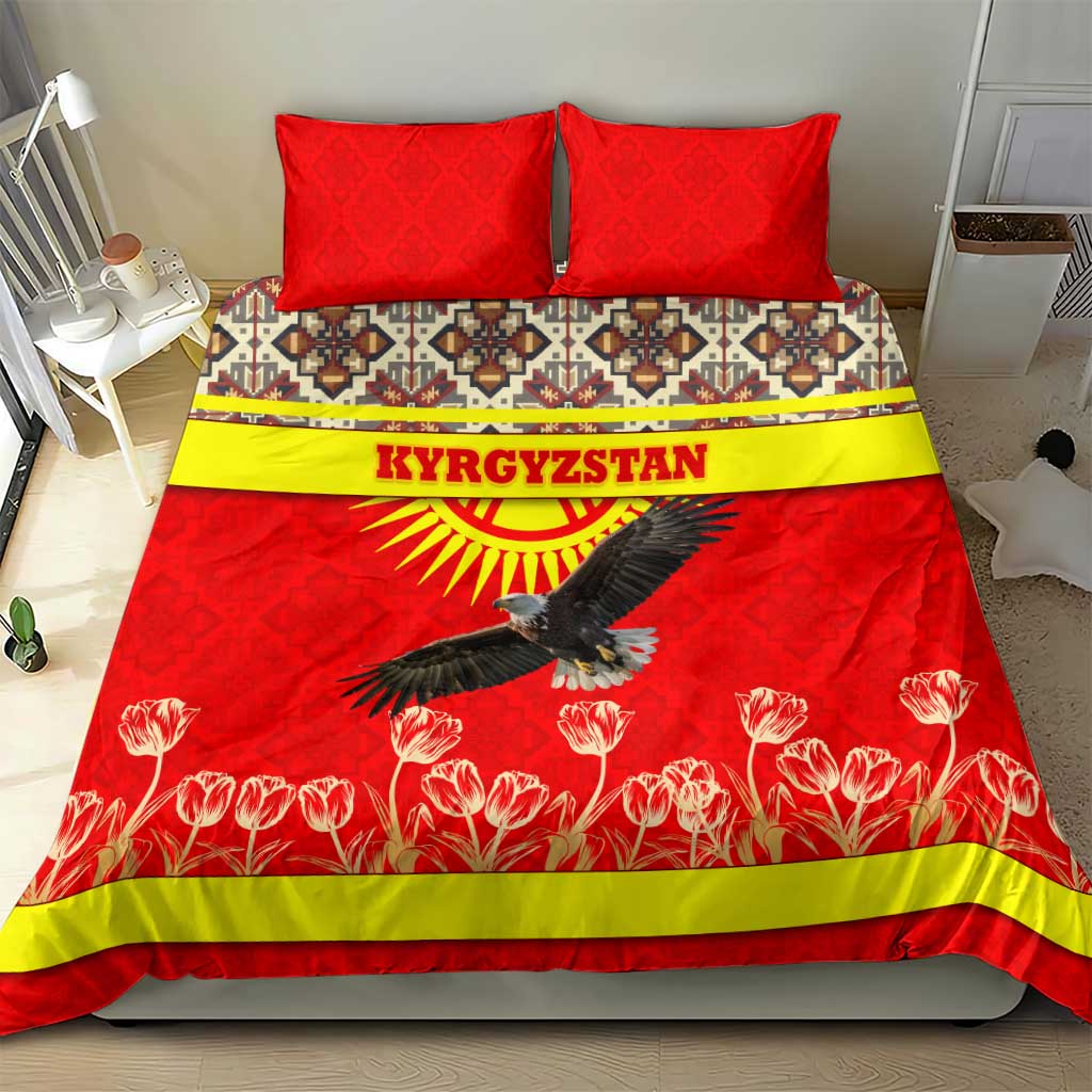 Kyrgyzstan Eagle and Tulip Bedding Set with Red Ethnic Pattern with National Sun Emblem - Wonder Print Shop