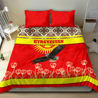 Kyrgyzstan Eagle and Tulip Bedding Set with Red Ethnic Pattern with National Sun Emblem - Wonder Print Shop