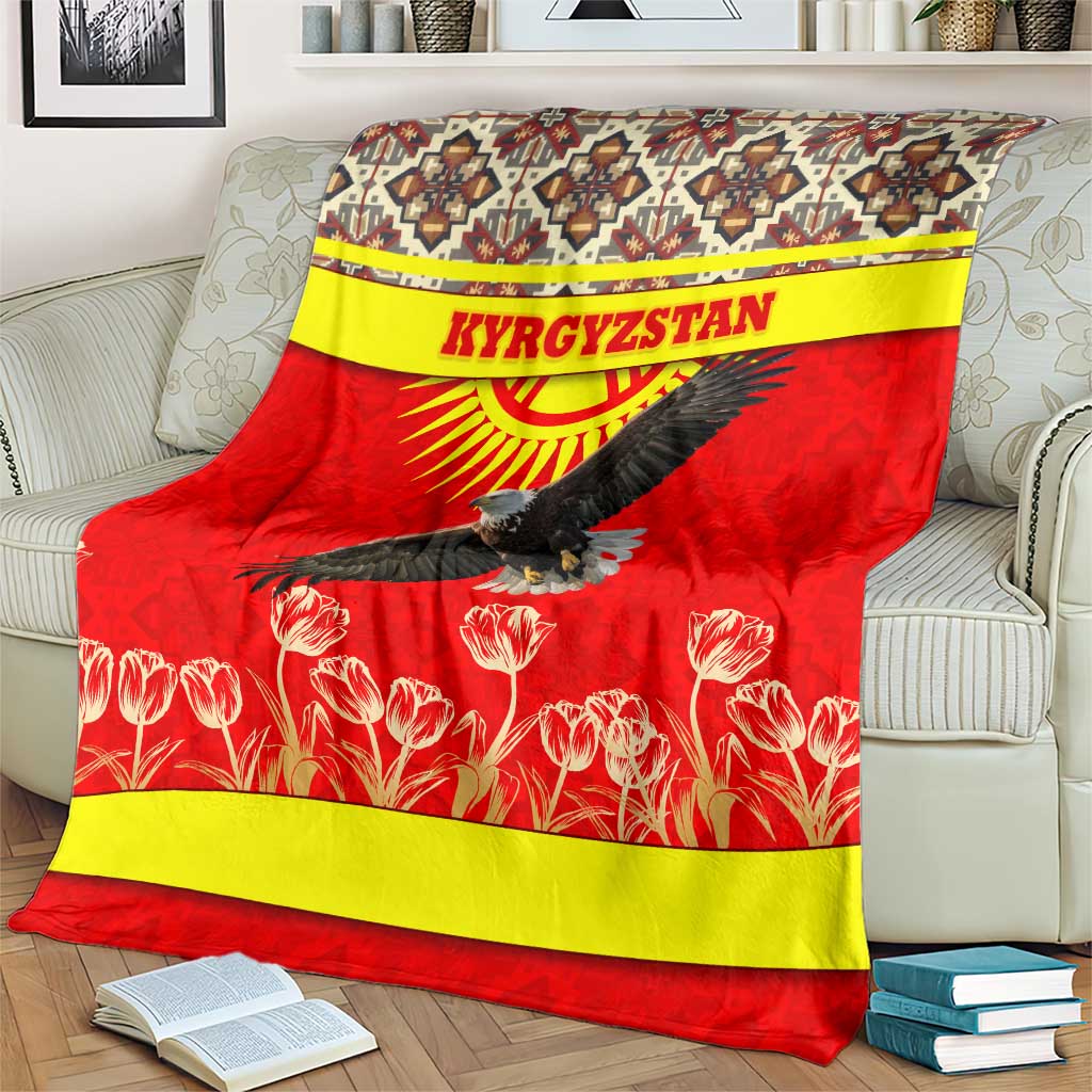 Kyrgyzstan Eagle and Tulip Blanket with Red Ethnic Pattern with National Sun Emblem - Wonder Print Shop