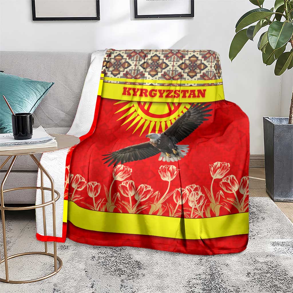 Kyrgyzstan Eagle and Tulip Blanket with Red Ethnic Pattern with National Sun Emblem - Wonder Print Shop