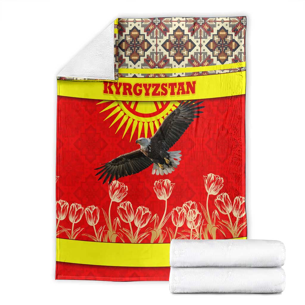 Kyrgyzstan Eagle and Tulip Blanket with Red Ethnic Pattern with National Sun Emblem - Wonder Print Shop