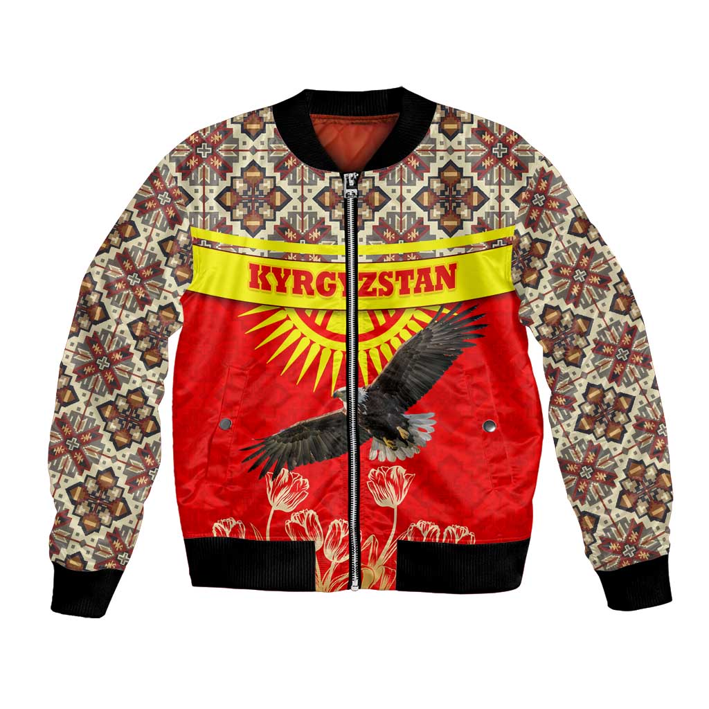 Kyrgyzstan Eagle and Tulip Bomber Jacket with Red Ethnic Pattern with National Sun Emblem - Wonder Print Shop
