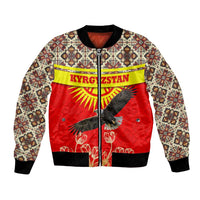Kyrgyzstan Eagle and Tulip Bomber Jacket with Red Ethnic Pattern with National Sun Emblem - Wonder Print Shop