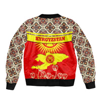 Kyrgyzstan Eagle and Tulip Bomber Jacket with Red Ethnic Pattern with National Sun Emblem - Wonder Print Shop