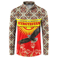 Kyrgyzstan Eagle and Tulip Button Sweatshirt with Red Ethnic Pattern with National Sun Emblem - Wonder Print Shop