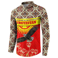 Kyrgyzstan Eagle and Tulip Button Sweatshirt with Red Ethnic Pattern with National Sun Emblem - Wonder Print Shop