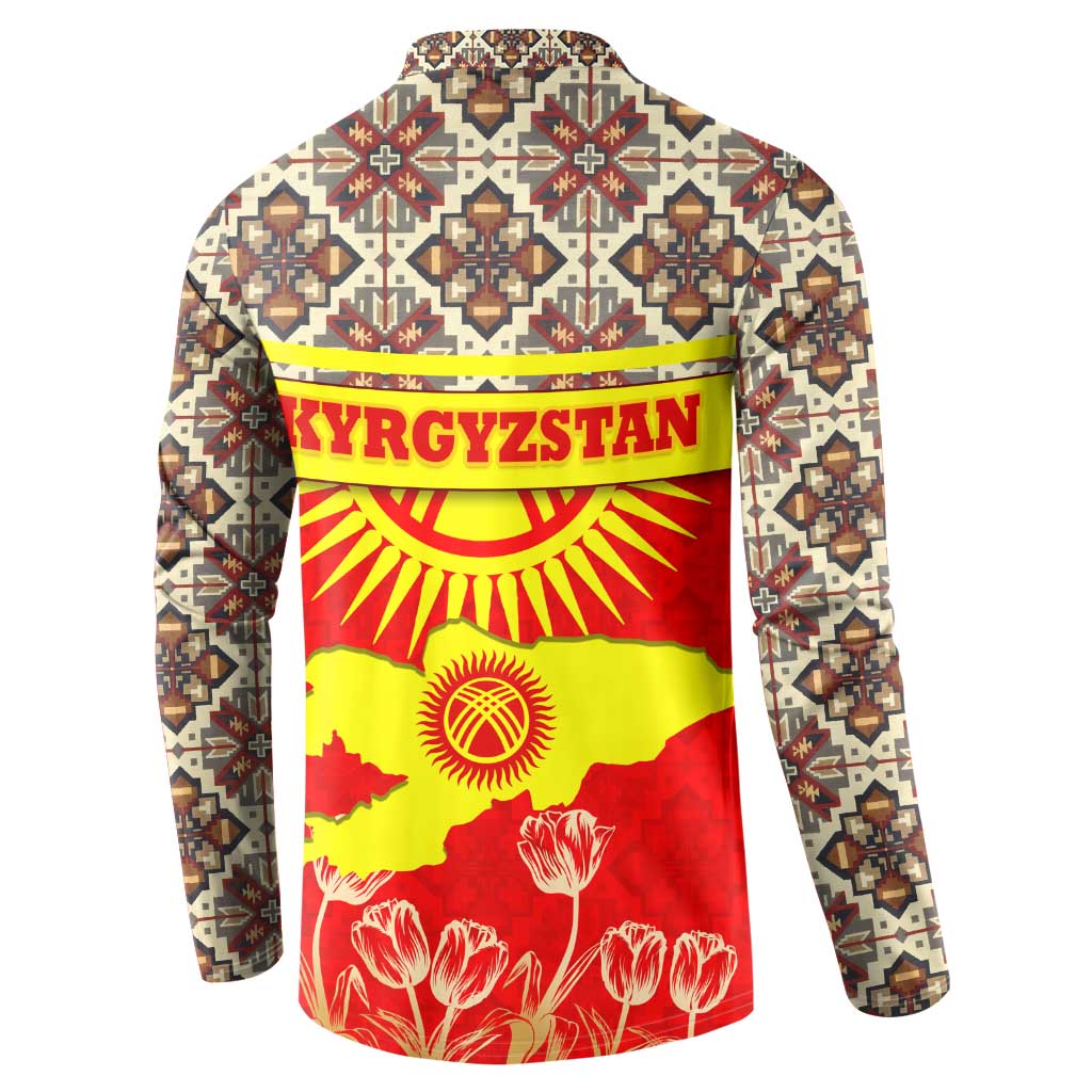 Kyrgyzstan Eagle and Tulip Button Sweatshirt with Red Ethnic Pattern with National Sun Emblem - Wonder Print Shop