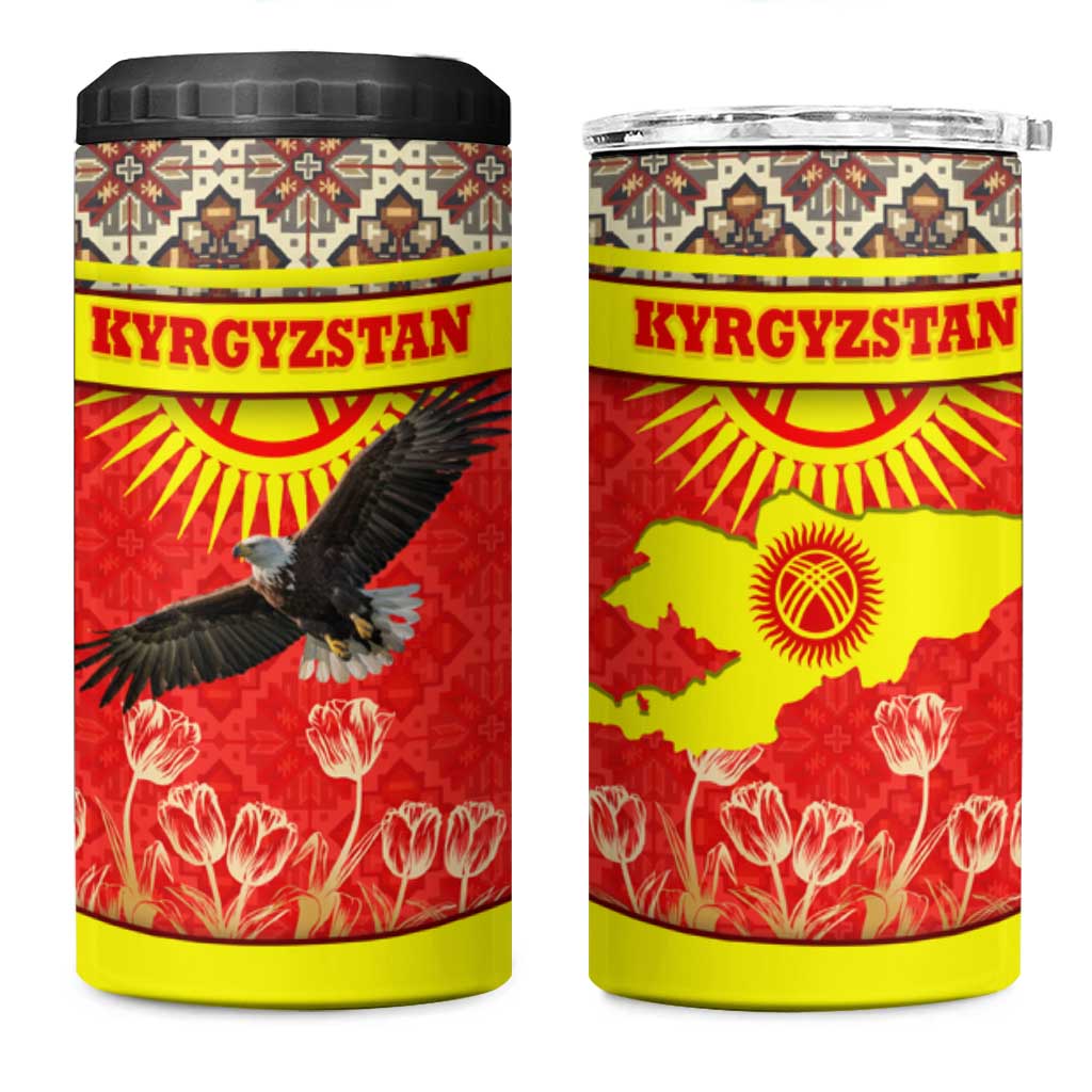 Kyrgyzstan Eagle and Tulip 4 in 1 Can Cooler Tumbler with Red Ethnic Pattern with National Sun Emblem - Wonder Print Shop