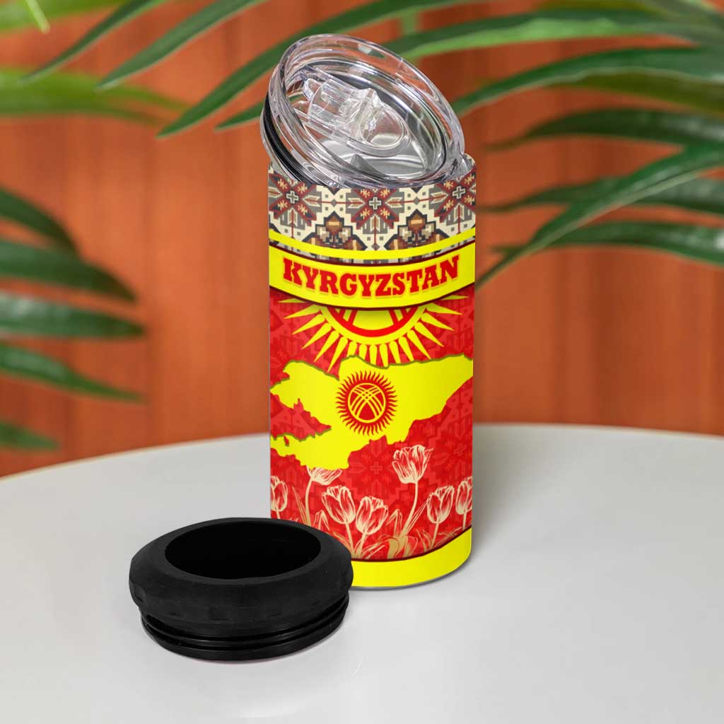 Kyrgyzstan Eagle and Tulip 4 in 1 Can Cooler Tumbler with Red Ethnic Pattern with National Sun Emblem - Wonder Print Shop