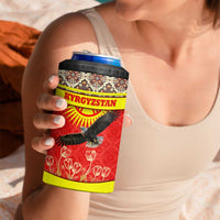 Kyrgyzstan Eagle and Tulip 4 in 1 Can Cooler Tumbler with Red Ethnic Pattern with National Sun Emblem - Wonder Print Shop