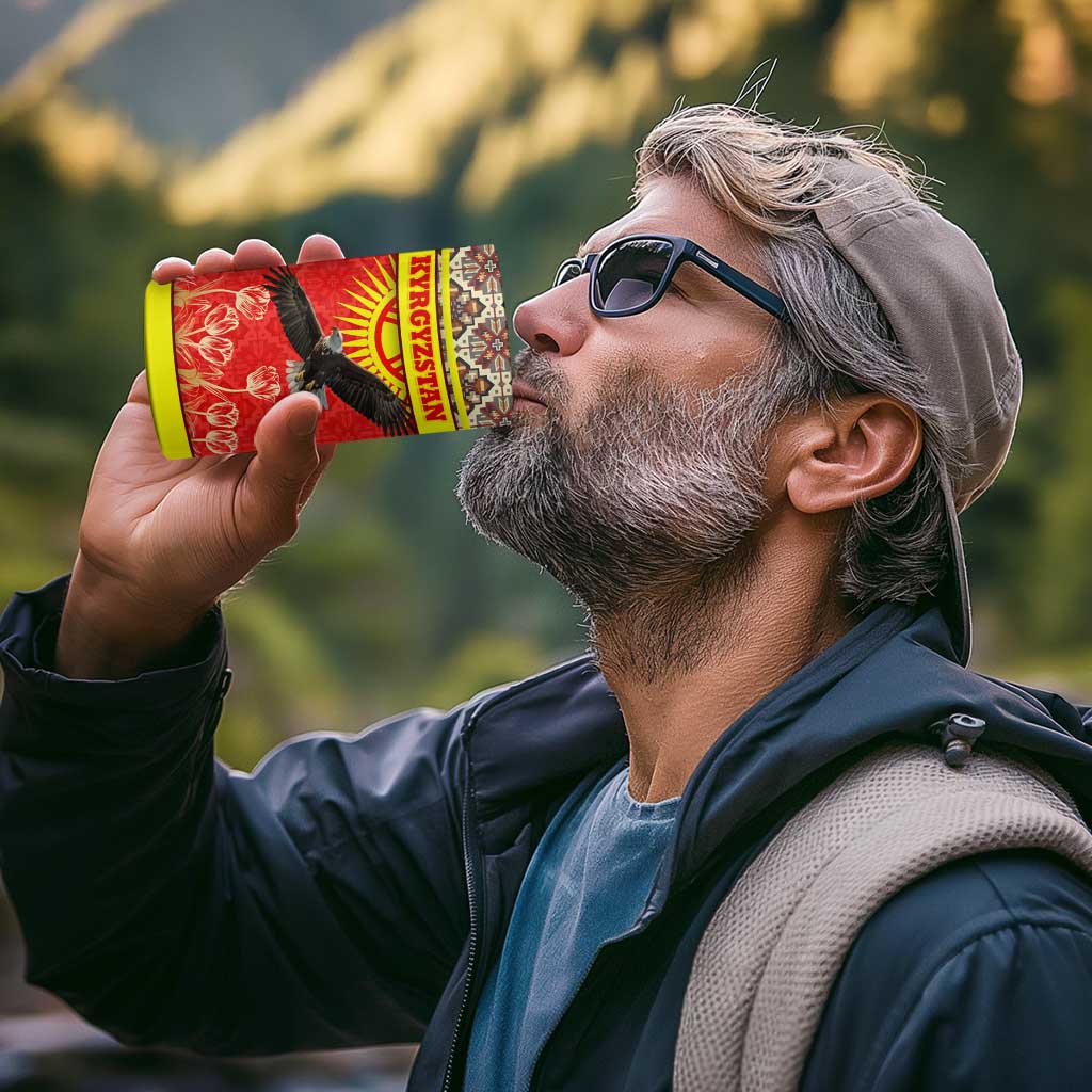 Kyrgyzstan Eagle and Tulip 4 in 1 Can Cooler Tumbler with Red Ethnic Pattern with National Sun Emblem - Wonder Print Shop