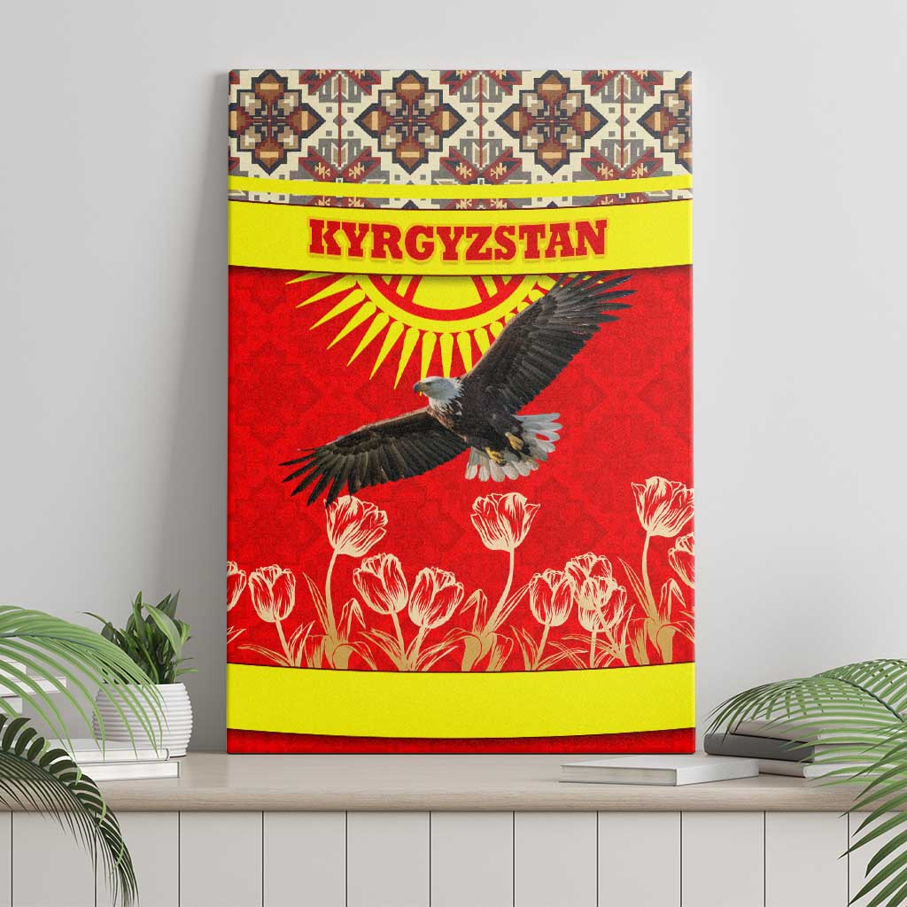 Kyrgyzstan Eagle and Tulip Canvas Wall Art with Red Ethnic Pattern with National Sun Emblem - Wonder Print Shop