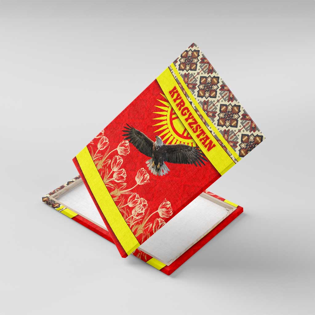 Kyrgyzstan Eagle and Tulip Canvas Wall Art with Red Ethnic Pattern with National Sun Emblem - Wonder Print Shop
