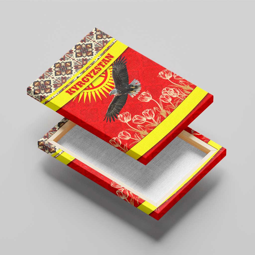 Kyrgyzstan Eagle and Tulip Canvas Wall Art with Red Ethnic Pattern with National Sun Emblem - Wonder Print Shop