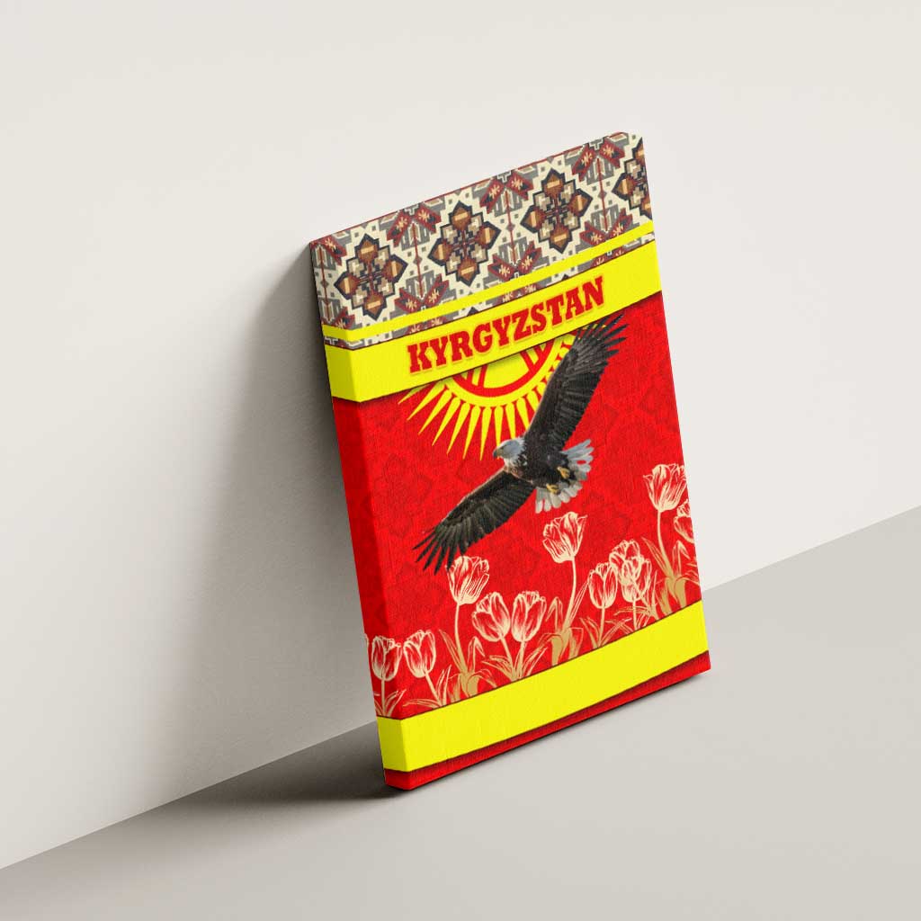 Kyrgyzstan Eagle and Tulip Canvas Wall Art with Red Ethnic Pattern with National Sun Emblem - Wonder Print Shop