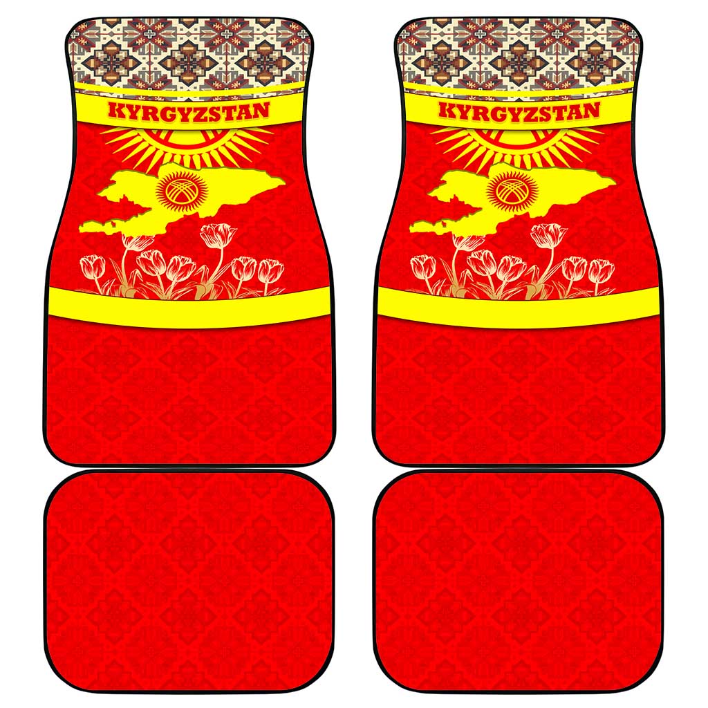 Kyrgyzstan Eagle and Tulip Car Mats with Red Ethnic Pattern with National Sun Emblem - Wonder Print Shop