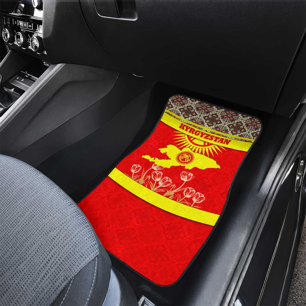 Kyrgyzstan Eagle and Tulip Car Mats with Red Ethnic Pattern with National Sun Emblem - Wonder Print Shop