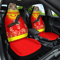 Kyrgyzstan Eagle and Tulip Car Seat Cover with Red Ethnic Pattern with National Sun Emblem - Wonder Print Shop
