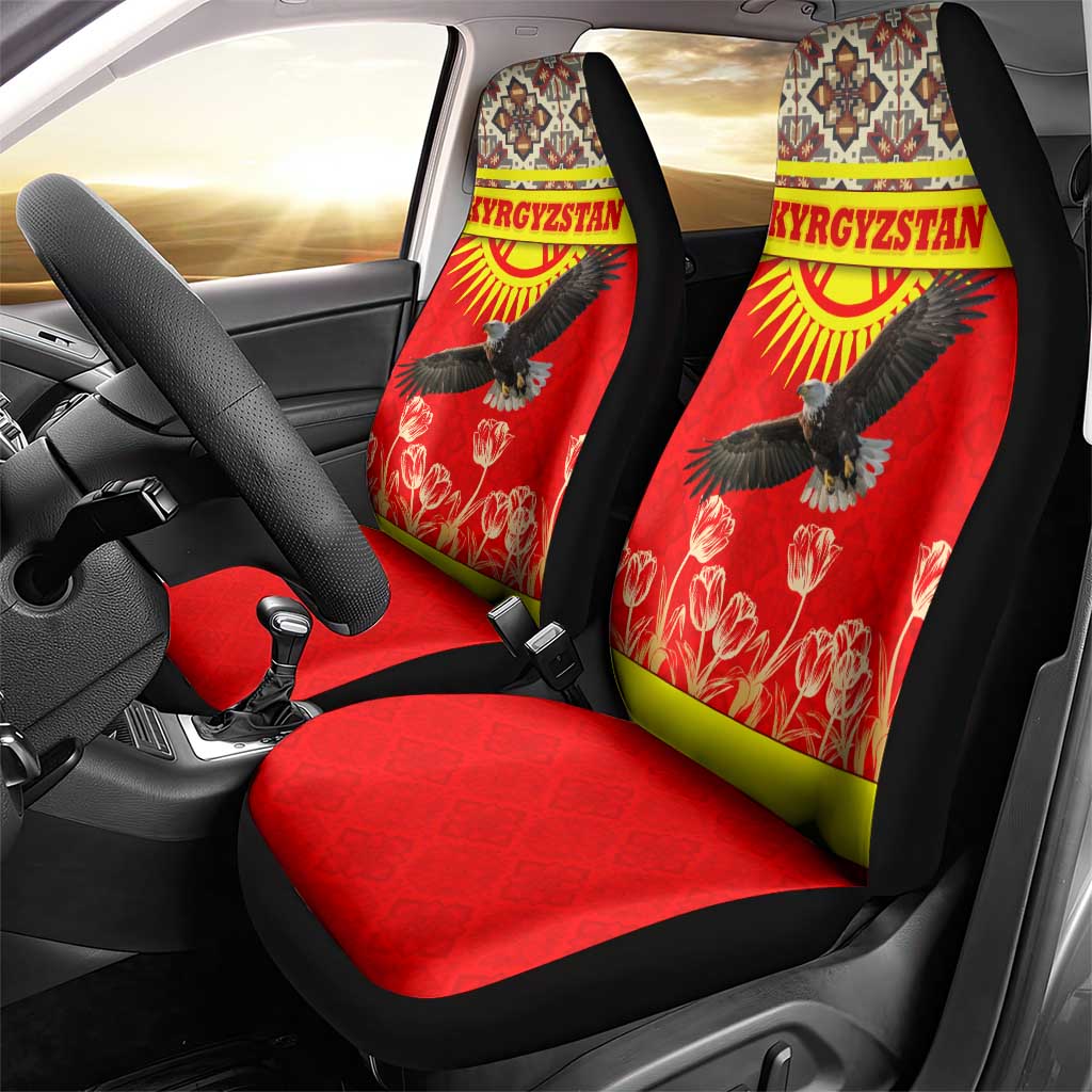 Kyrgyzstan Eagle and Tulip Car Seat Cover with Red Ethnic Pattern with National Sun Emblem - Wonder Print Shop