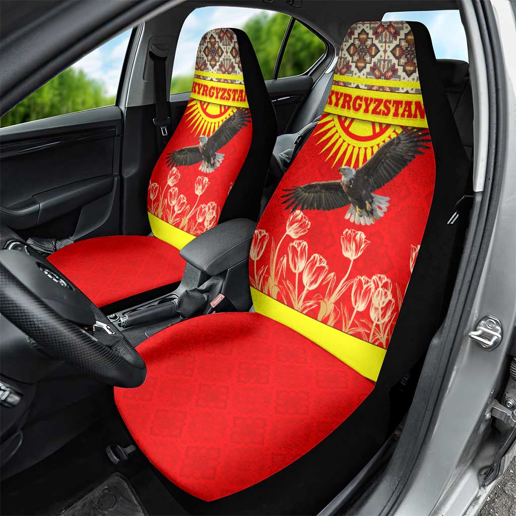 Kyrgyzstan Eagle and Tulip Car Seat Cover with Red Ethnic Pattern with National Sun Emblem - Wonder Print Shop