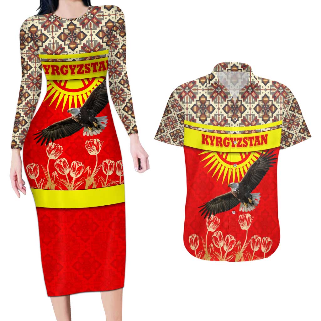 Kyrgyzstan Eagle and Tulip Couples Matching Long Sleeve Bodycon Dress and Hawaiian Shirt with Red Ethnic Pattern with National Sun Emblem - Wonder Print Shop