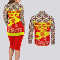 Kyrgyzstan Eagle and Tulip Couples Matching Long Sleeve Bodycon Dress and Long Sleeve Button Shirt with Red Ethnic Pattern with National Sun Emblem - Wonder Print Shop