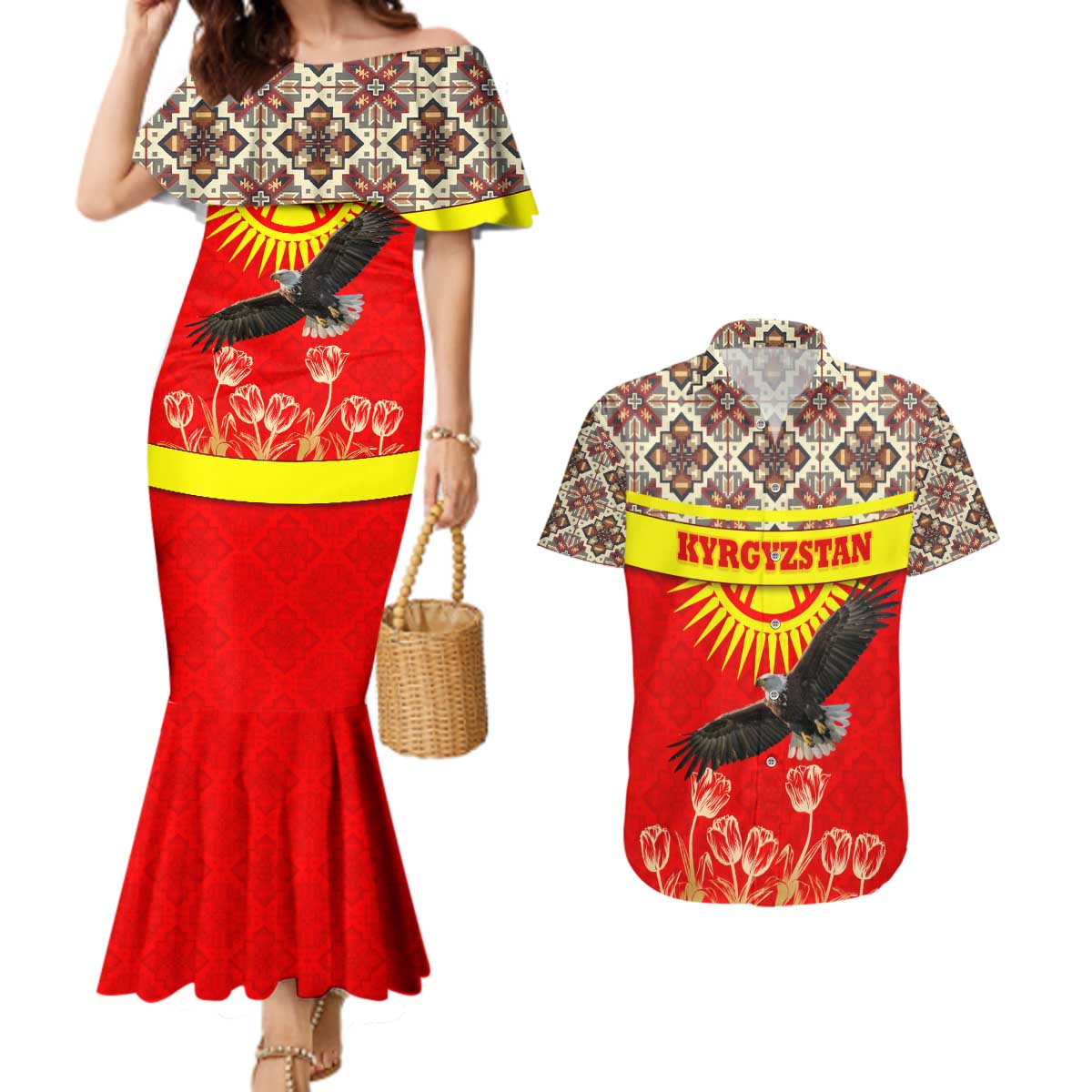 Kyrgyzstan Eagle and Tulip Couples Matching Mermaid Dress and Hawaiian Shirt with Red Ethnic Pattern with National Sun Emblem - Wonder Print Shop