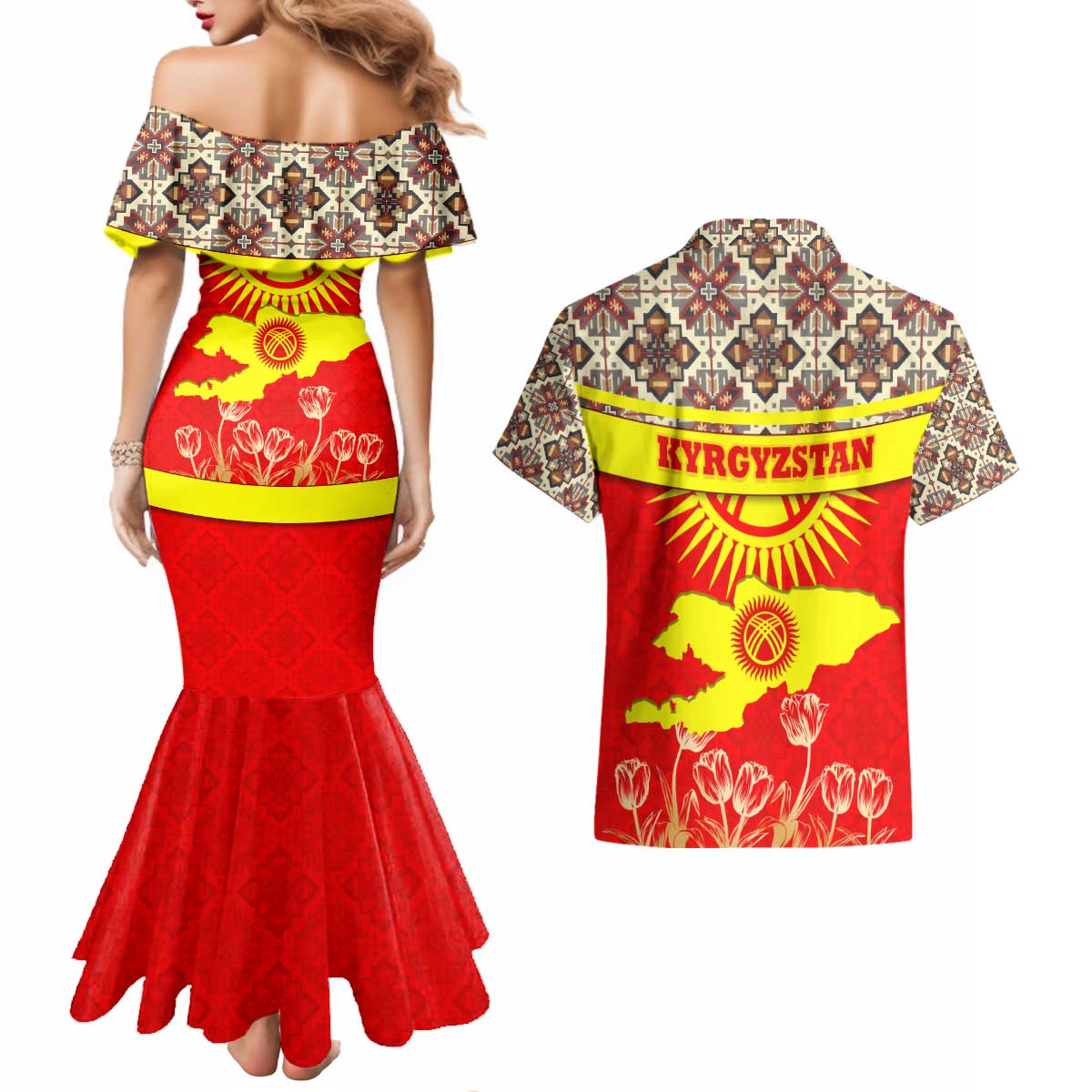 Kyrgyzstan Eagle and Tulip Couples Matching Mermaid Dress and Hawaiian Shirt with Red Ethnic Pattern with National Sun Emblem - Wonder Print Shop