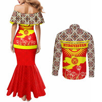 Kyrgyzstan Eagle and Tulip Couples Matching Mermaid Dress and Long Sleeve Button Shirt with Red Ethnic Pattern with National Sun Emblem - Wonder Print Shop
