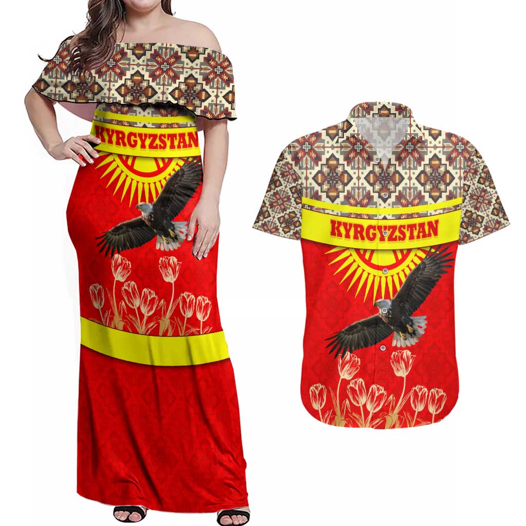 Kyrgyzstan Eagle and Tulip Couples Matching Off Shoulder Maxi Dress and Hawaiian Shirt with Red Ethnic Pattern with National Sun Emblem - Wonder Print Shop