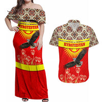 Kyrgyzstan Eagle and Tulip Couples Matching Off Shoulder Maxi Dress and Hawaiian Shirt with Red Ethnic Pattern with National Sun Emblem - Wonder Print Shop