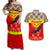Kyrgyzstan Eagle and Tulip Couples Matching Off Shoulder Maxi Dress and Hawaiian Shirt with Red Ethnic Pattern with National Sun Emblem - Wonder Print Shop