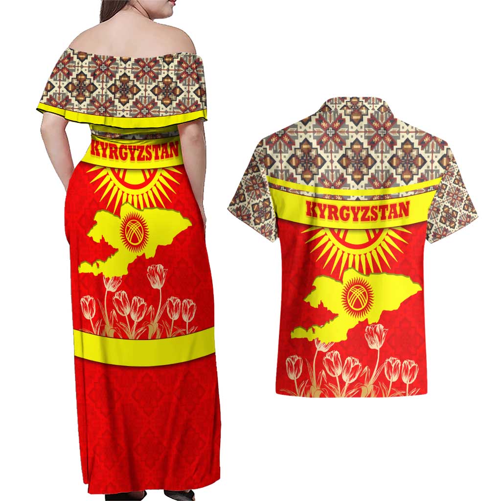 Kyrgyzstan Eagle and Tulip Couples Matching Off Shoulder Maxi Dress and Hawaiian Shirt with Red Ethnic Pattern with National Sun Emblem - Wonder Print Shop