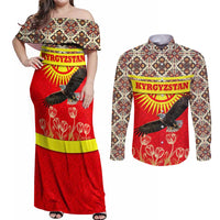 Kyrgyzstan Eagle and Tulip Couples Matching Off Shoulder Maxi Dress and Long Sleeve Button Shirt with Red Ethnic Pattern with National Sun Emblem - Wonder Print Shop
