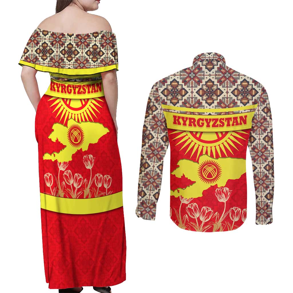 Kyrgyzstan Eagle and Tulip Couples Matching Off Shoulder Maxi Dress and Long Sleeve Button Shirt with Red Ethnic Pattern with National Sun Emblem - Wonder Print Shop