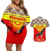 Kyrgyzstan Eagle and Tulip Couples Matching Off Shoulder Short Dress and Hawaiian Shirt with Red Ethnic Pattern with National Sun Emblem - Wonder Print Shop