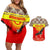 Kyrgyzstan Eagle and Tulip Couples Matching Off Shoulder Short Dress and Hawaiian Shirt with Red Ethnic Pattern with National Sun Emblem - Wonder Print Shop