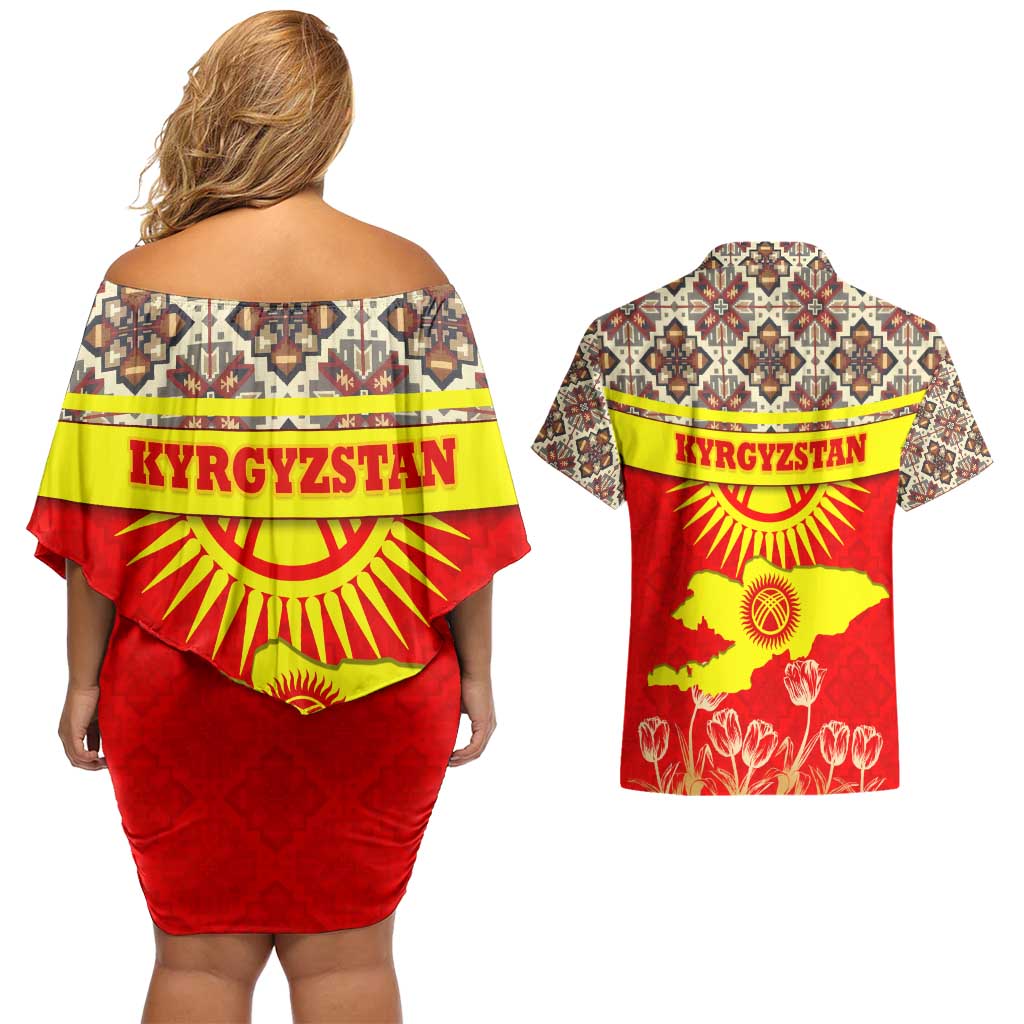 Kyrgyzstan Eagle and Tulip Couples Matching Off Shoulder Short Dress and Hawaiian Shirt with Red Ethnic Pattern with National Sun Emblem - Wonder Print Shop