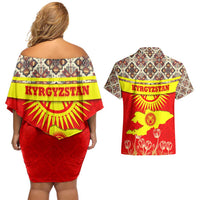 Kyrgyzstan Eagle and Tulip Couples Matching Off Shoulder Short Dress and Hawaiian Shirt with Red Ethnic Pattern with National Sun Emblem - Wonder Print Shop
