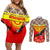 Kyrgyzstan Eagle and Tulip Couples Matching Off Shoulder Short Dress and Long Sleeve Button Shirt with Red Ethnic Pattern with National Sun Emblem - Wonder Print Shop
