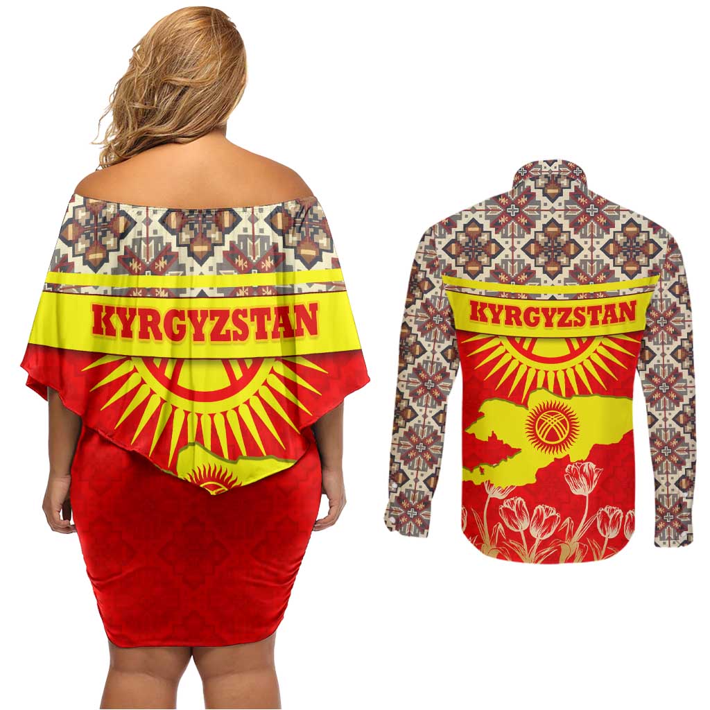 Kyrgyzstan Eagle and Tulip Couples Matching Off Shoulder Short Dress and Long Sleeve Button Shirt with Red Ethnic Pattern with National Sun Emblem - Wonder Print Shop