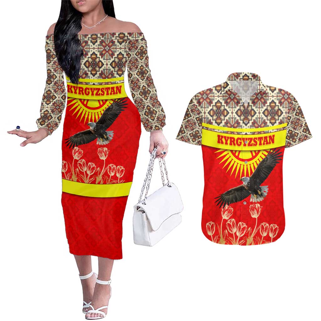 Kyrgyzstan Eagle and Tulip Couples Matching Off The Shoulder Long Sleeve Dress and Hawaiian Shirt with Red Ethnic Pattern with National Sun Emblem - Wonder Print Shop