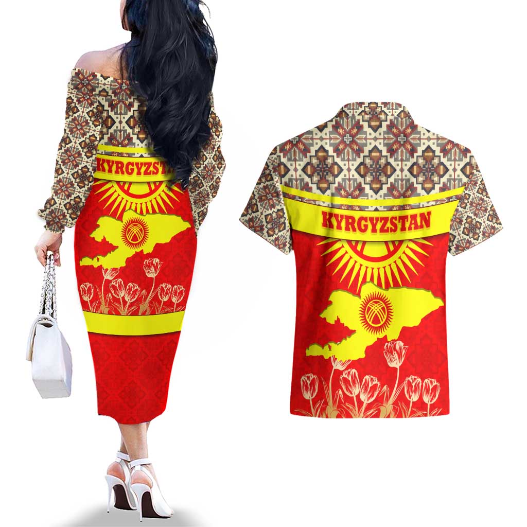 Kyrgyzstan Eagle and Tulip Couples Matching Off The Shoulder Long Sleeve Dress and Hawaiian Shirt with Red Ethnic Pattern with National Sun Emblem - Wonder Print Shop