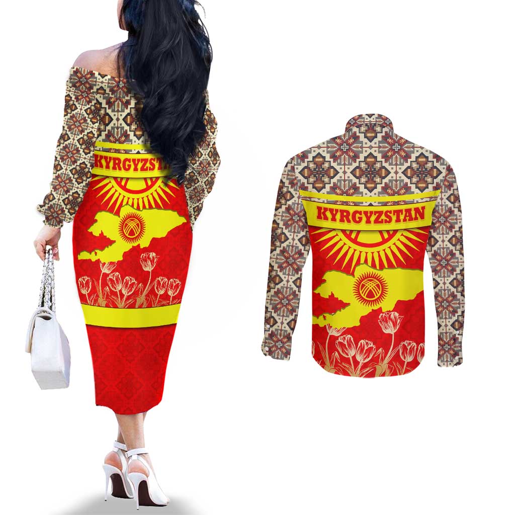 Kyrgyzstan Eagle and Tulip Couples Matching Off The Shoulder Long Sleeve Dress and Long Sleeve Button Shirt with Red Ethnic Pattern with National Sun Emblem - Wonder Print Shop