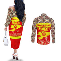 Kyrgyzstan Eagle and Tulip Couples Matching Off The Shoulder Long Sleeve Dress and Long Sleeve Button Shirt with Red Ethnic Pattern with National Sun Emblem - Wonder Print Shop